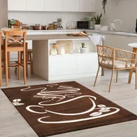 Küchenteppich Braun Trendiger Kaffee Teppich, Cappuccino Muster Tasse Kurzflor, Maße:80 x 150 cm