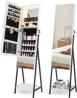 GOPLUS Schmuckschrank mit Ganzkörperspiegel, Spiegelschrank Schmuck mit LED-Beleuchtung, freistehender Schmuckspiegel mit Ablage (Weiß)