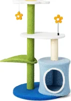 COSTWAY Kratzbaum Klein, Katzenbaum mit blumenförmiger Sitzfläche & 2 niedlichen Bällen & Katzenhöhle & blattförmiger Kletterturm, Katzenkratzbaum Holz, Katzen Katzenmöbel Kletterbaum, Grün, Blau