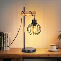 ZMH Tischlampe Schwarz Holz Tischleuchte Vintage Nachttischlampe 1 flammig im Industrial Metall E27 Fassung Retro Nachttischleuchte ohne Leuchtmittel