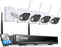 ZOSI 3MP Akku WLAN Überwachungskamera Set, 4 Wiederaufladbare Akku Kamera mit 8CH 1TB NVR, 2-Wege-Audio, Ton- und Lichtalarm, C306 Pro