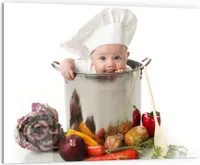 DEQORI Küchenrückwand Glas 80x60 cm 'Baby im Kochtopf' Spritzschutz Bad Rückwand