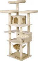 Wiltec Kratzbaum Beige mit Pfotenmotiv 172 cm, Katzenkratzbaum mit Plattformen und Katzenhäuser, Katzenbaum mit Hängematte, Kletterbaum für Katzen
