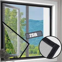 2Stk Fliegengitter für Fenster,Insektenschutz Mückenschutz Fliegennetz Fenster,ohne Bohren,selbstklebend,Schwarz,130x150cm