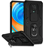 Pouzdro pro Xiaomi Redmi Note 9S/9 Pro/9 Pro Max dvouvrstvé pouzdro s posuvným krytem kamery a prstencovým stojánkem černé