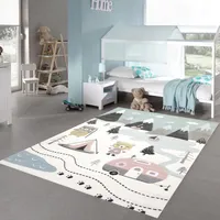 Kinderzimmer Teppich - Bären auf dem Campingplatz - creme blau Größe - 140 x 200 cm