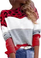 ASKSA Damen Leopard Strickpullover Langarm Rundhals Sweater Patchwork Knit Sweatshirt Herbst Winter Elegant Pullover Warme Lose Pulli,Rot,L