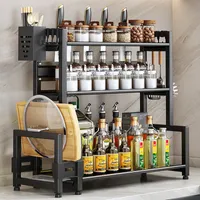 Gewürzregal Stehend,3 Etagen Gewürzregal Küchenregal,Metall Organizer für Arbeitsplatte Aufbewahrung mit mit Messerhalter & Haken 48x21x49cm