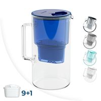 Wessper Wasserfilterkanne aus Glas 2.5 L Kompatibel mit Brita-Wasserfilterkartuschen, Inklusive 10 Wasserfilter-Kartusche, Blau
