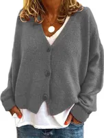 ASKSA Damen Strickpulli Lose Lässige Strickjacken V-Ausschnitt Einfarbig Knopf Strickjacke Pullover, Grau, S