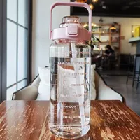 2L Trinkflasche Sportflasche Wasserflasche Getränkeflasche Trinkflasche  mit Strohhalm,Zeitmarkierung Transparent Rosa
