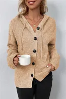 ASKSA Damen Langarm Grobstrickjacke Kordelzug Kurz Strickjacke Herbst Winter Strickmantel mit Kapuze, Khaki, L