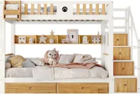 Etagenbett 90x200cm Kinderbett (Ohne Matratze) mit Treppe mit 4 Schliessfaecher mit Fallschutzgitter und 2 Schubladen Offenes Regal Weiss und Natur