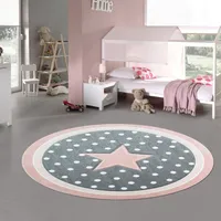 Kinderteppich Spielteppich Babyteppich rund mit Stern in Rosa Grau Weiss Größe - 80 cm Rund