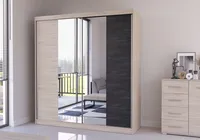 Schwebetürenschrank Kleiderschrank Schrank  mit zwei Spiegeln 203cm Sonoma Eiche+ Schwarze Norwegische Kiefer Wenecja