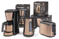 Bestron Filter-Kaffeemaschine für 8 Tassen Kaffee, inkl. 1L Thermokanne + Toaster mit 2 Röstkammern + Wasserkocher mit 360° Basis, Vorteilspaket der Copper Collection, Farbe: Kupfer