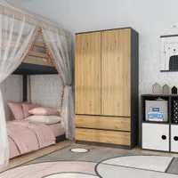 Kleiderschrank mit griffloser Front Jorn 90 cm Drehtürenschrank mit Schubladen 2-türig Schrank, Farbe: Anthrazit + Artisan