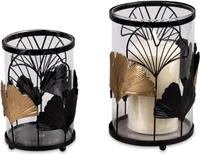 2er Set Windlichter Wili Ginkgo Blätter H. 16 + 19cm schwarz gold Metall Formano
