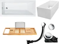 Badewanne Rechteck Set 5in1 160x70 mit Premium Ablaufgarnitur und Füßen GRATIS + Wannenträger + Bambus Holzablage | BADLAND MODERN