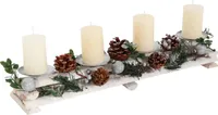 Adventsgesteck MCW-M12 mit Kerzenhaltern, Adventskranz Weihnachtsdeko Holz silber weiß 18x49x13cm  mit Kerzen