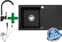 [Granitspüle 76x44 Schwarz+ Armatur]Hochwertig beidseitig Montierbar Küchenspüle Eckig Einbaugranitspüle Granit Spülbecken f. Unterschränke ab 45 cm inkl.Siphon Set