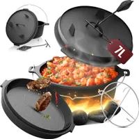 broil-master® Dutch Oven - 7 Liter, Set, Deckelheber, Pfanne, Untersetzer, Tragegriff, Gusseisen, bis 400 °C, Rund, für Camping, Outdoor, Schwarz