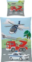 Bettwäsche Set für Jungen mit Polizei Auto Hubschrauber Feuerwehr Motiv · Kinderbettwäsche 135x200 80x80 cm aus 100% Baumwolle Renforce / Linon mit Reißverschluss