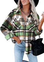 ASKSA Damen Bluse Kariert Hemdjacke Knöpfe Langarm Strickjacke Jacke Freizeithemd, Grün, XL