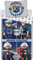 PLAYMOBIL Kinderbettwäsche Heroes Together Heroes Everyday Polizeimann Feuerwehrmann Fire Hero, Bettdecke 140 x 200 + Kopfkissen 70 x 90 cm, 100% Baumwolle