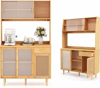 KOMFOTTEU Buffetschrank aus Bambus, Sideboard mit Haken & Gläserhalter & Rattantür & Schiebetür, Küchenschrank mit Schublade und Arbeitsplatte, Vorratsschrank Hochschrank 118 x 35 x 175 cm