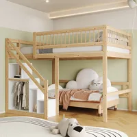 Flieks Etagenbett 140x200cm mit Rausfallschutz, Hochbett mit Treppe mit Kleiderstange und Ablagen, Kinderbett Doppelbett mit Lattenrost, Naturbelassen