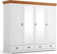 Toskania Massivholz Kleiderschrank 4-türig mit Spiegel 253x218 cm Weiß/Kiefer, gebeizt