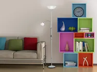 Reality Leuchten R4393-87 Fluter, mit Lesearm, 1x E27 + 1x E14, silberfarben, Schirme in weiß (19,46)