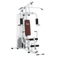 HOMCOM Gym Posilovací stanice Multigym Fitness centrum Fitness vybavení včetně závaží Lat Pull Leg Curl Metal PU koženka bílá 150 x 110 x 210 cm