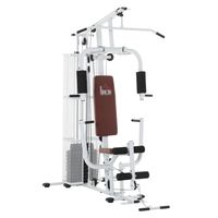 HOMCOM Posilňovňa Posilňovacia stanica Fitness stanica Multigym Fitness centrum Posilňovacie zariadenie vrátane závažia Lat pull-down Leg curl Kov PU umelá koža Biela 150 x 110 x 210 cm