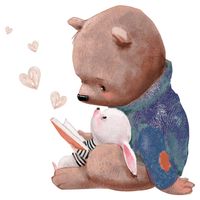 dekodino® Wandtattoo Kinderzimmer Aquarell Tiere Bär mit Hase beim Lesen Deko