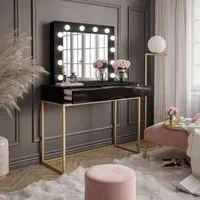 Schminktisch BLANCO GOLD mit Spiegel und LED-Beleuchtung Gold matt / Schwarz hochglanz Push-to-Open
