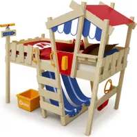 WICKEY Kinderbett Hochbett CrAzY Hutty - Plane Hausbett 90 x 200 cm, Etagenbett - blau/rot