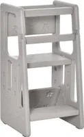 HOMCOM Lernturm Kinder-Tritthocker, Montessori Lernturm mit Handgriffe, Höhenverstellbarer Schemel, Küchenhelfer für Kinder 1,5 bis 5 Jahre, HDPE, Grau, 47 x 47 x 90 cm