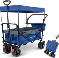 deluxe4home® Bollerwagen Faltbar mit Dach Blau/Grau I Mit Vollgummireifen & Bremsen I Handwagen Transportwagen 100L I Campingwagen Trolley bis 120kg