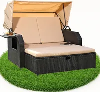 Mucola Strandkorb Rattan Sonnenbett mit verstellbarem Dach Polyrattan Sonnenliege Liegebett Relaxliege Gartenliege Gartenmöbel - Schwarz