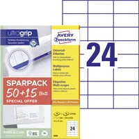 Avery Zweckform 6605 Universal-Etiketten, A4 mit ultragrip, Adressaufkleber, 70 x 37 mm, 65 Bogen/1.560 Etiketten, weiß