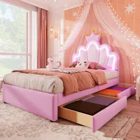 Abrihome Polsterbett Kinderbett 90x200 cm mit LED und 2 Schubladen, Prinzessinnenbett Kronenförmiges Kopfteil, PU, Rosa