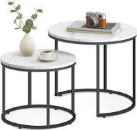 Couchtisch 2er Set Rund Beistelltisch Loft Design 2 in 1 Verschachtelung kratzfeste Oberfläche, Wohnzimmer | 53cm und 43cm Breit Marmor Optik mit schwarzen Beinen
