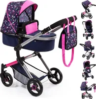 Bayer Design 18417AA Neo Vario kombinovaný kočárek pro panenky s přebalovací taškou a nákupním košíkem, přestavitelný na kočárek, výškově nastavitelný, moderní, modrý, růžový s moderním vzorem srdíček, mořská panna, 52 cm
