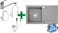 [Granitspüle 76x44 Grau+ Armatur]Hochwertig beidseitig Montierbar Küchenspüle Eckig Einbaugranitspüle Granit Spülbecken f. Unterschränke ab 45 cm inkl.Siphon Set, Armatur:Spiral