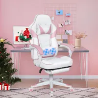 Puluomis Gaming Stuhl mit Massage und Fußstütze 150kg, Bürostuhl Ergonomisch Chefsessel Schreibtischstuhl Racing Stuhl Computerstuhl Rosa Pink Weiß