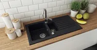 [Granitspüle 100x50 +Organizer mit oder ohne Armatur] Hochwertig beidseitig Montierbar Küchenspüle Eckig Einbaugranitspüle Granit Spülbecken f. Unterschränke ab 45 cm inkl.Siphon Set, Farben:Schwarz Granit mit Armatur