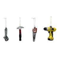 4 Stück Weihnachtsanhänger Werkzeug   Glas  Säge Bohrer Maulschlüssel Hammer Anhänger