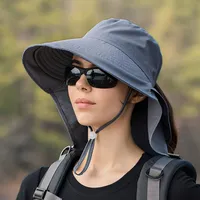 Sonnenhut mit Nackenschutz, UV Schutz Breite Krempe Pferdeschwanzhut, Verstellbarer Sommerhut zum Strandangeln im Freien, Dunkelgrau